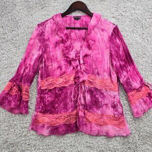 Vintage Piano Shirt Womens Medium Pink Ruffles Lace Bell Sleeves Y2K